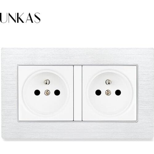 UNKAS French Standard Aluminum Metal Panel Wall Socket With Dual USB Charging Port 16A Hidden Soft LED Indicator Outlet