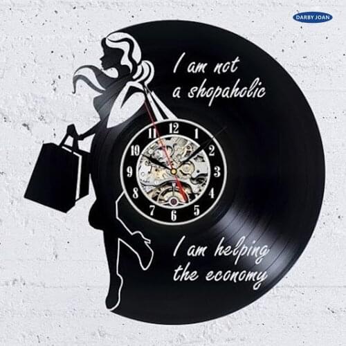 Shopaholic Art Vinyl Wall Clock Gift Room Modern Home Record Vintage Decoration saat alarm clock