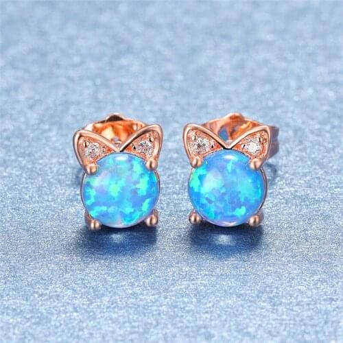 Vintage Female Blue Round Opal Earrings Rose Gold Silver Color Stud Earrings Simple Crystal Cat Wedding Earrings For Women