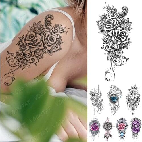 Waterproof Temporary Tattoo Sticker Rose Peony Daisy Flowers Flash Tattoos Simple Lines Body Art Arm Fake Sleeve Tatoo Women Men