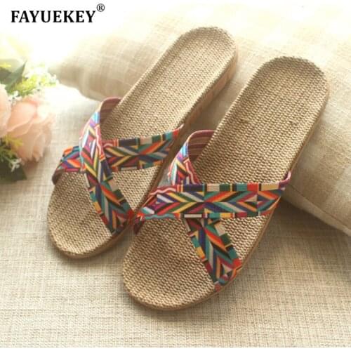 FAYUEKEY New Summer Home Linen Flax Women Slippers Lady Beach Breathable Non-slip Slides Sandals Zapatillas de mujer Flat Shoes