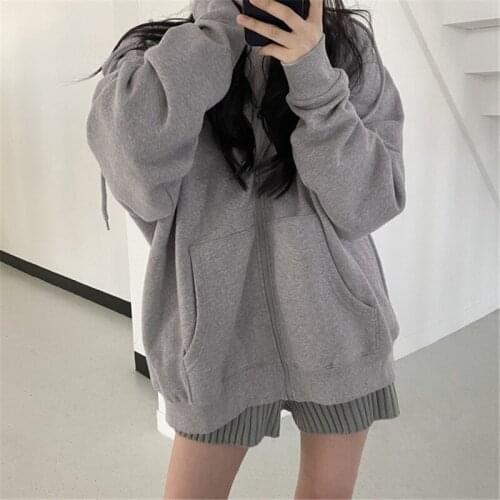 Womens Zip Up Hoodies Autumn and Winter All-match Loose Cardigan Jacket Thickened Plus Fleece Jacket Casual Long-sleeved Tops
