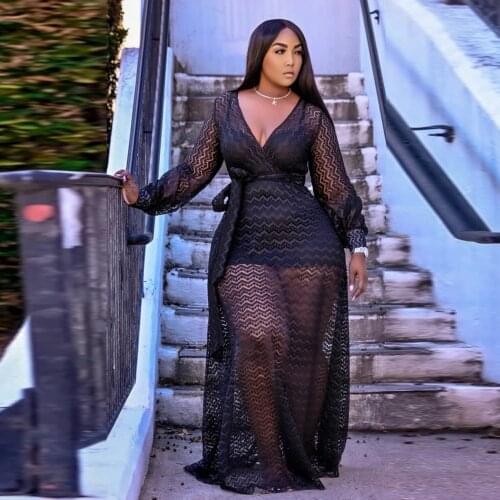 XL-5XL Black Plus Size Two Piece Club Outfits Women Spaghetti Strap Skinny Short Playsuit and Mesh See Through Maxi Dress 2021
