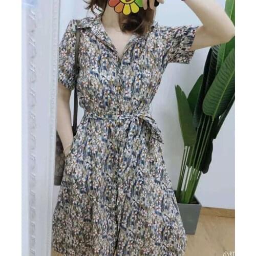Womens Midi Dress Daisy Print Puff Sleeve Ladies Lace Up Robes 2021 Spring Summer Female Retro Turn Down Collar Long Dress