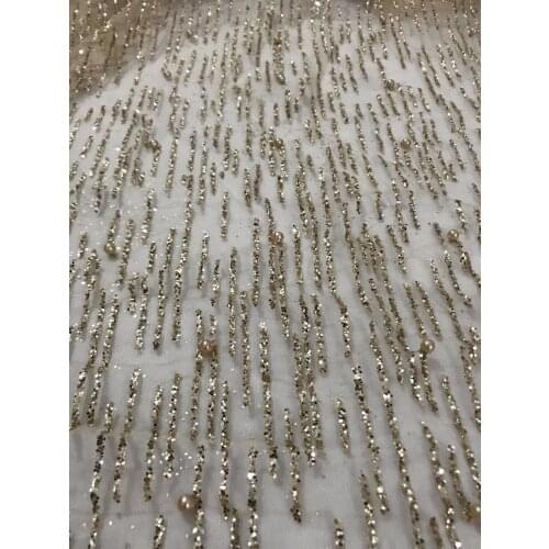 Gold Hand Print Sparkle Glued Glitter Tulle Mesh Lace Fabric ZH-118104 With Beads