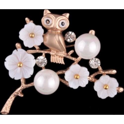 2018 European and American fashion inlay pearl branches flowers owl brooch