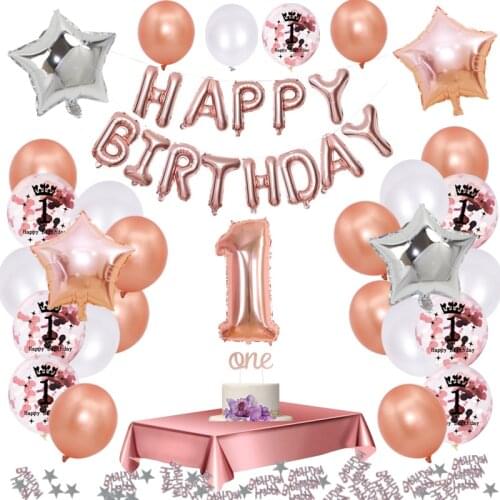 34pcs/Set 1st Birthday Decorations Rose Gold Tablecloth Confetti Balloon 1 Year Old Birthday Anniversaire Party Decor Supplies