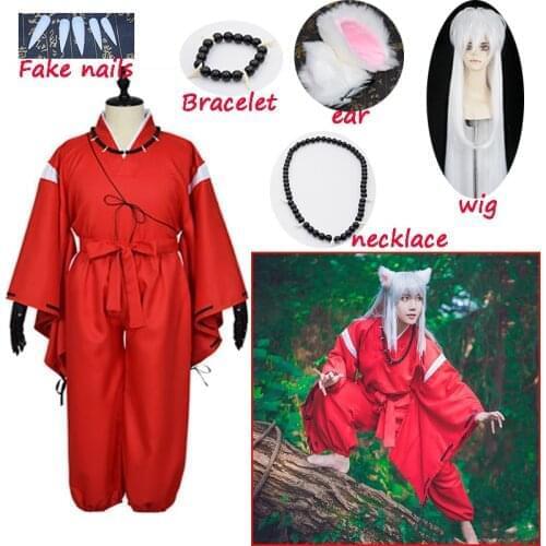 Anime Inuyasha Cosplay Costumes Red Japanese Kimono Men Robe Costume W Wigs Ears And Necklace For Halloween Party men and women