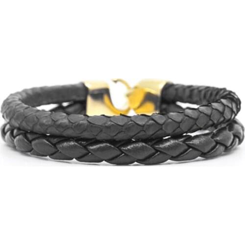 BC jewelry Bracelets bangles 5mm Genuine Black python leather Gold Clasp gold 316L Titanium Steel buckle Charm Watch jewelry man