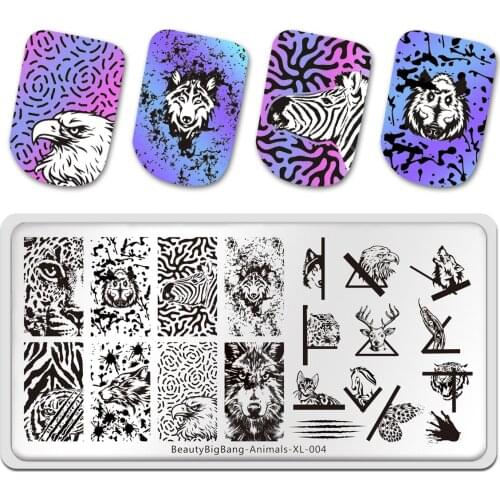 BeautyBigBang Nail Art Stamping Plates Animal Tiger Wolf Deer Eagle Zebra Leopard Pattern Stainless Steel Nail Stencil Template