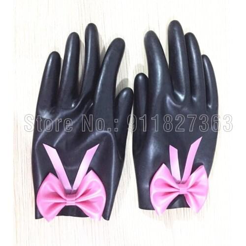 Free shipping !!! Latex Gloves Short Gloves Mittens Latex Rubber Wrist Gloves Fetish Costume Female Gloves with Pink Bow-knot