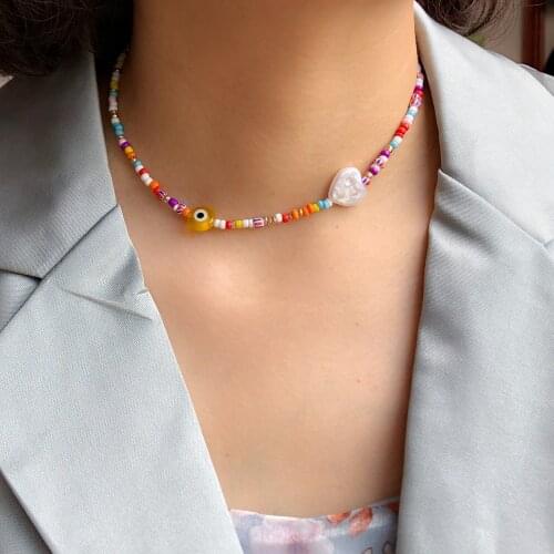 Meetvii Boho Handmade DIY Rice Bead Necklace Lucky Heart Pearl Girl Choker Clavicular Chain Colorful Female Beach Jewelry