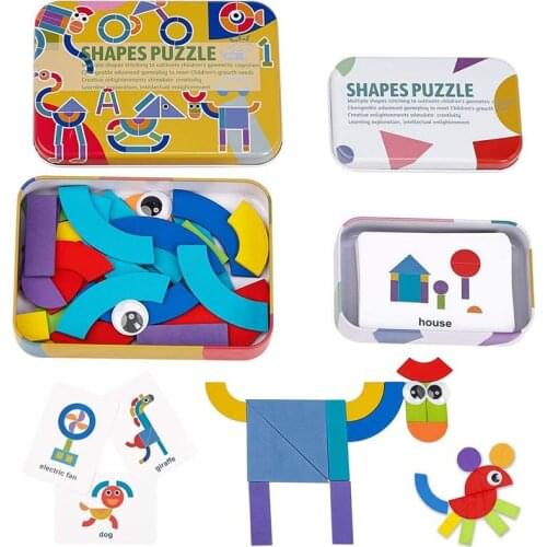Kids Preschool Montessori Shapes Puzzle Toys 36pcs Wooden Sorting Stacking Puzzle With 50pcs Cards Educational Toys For Children
