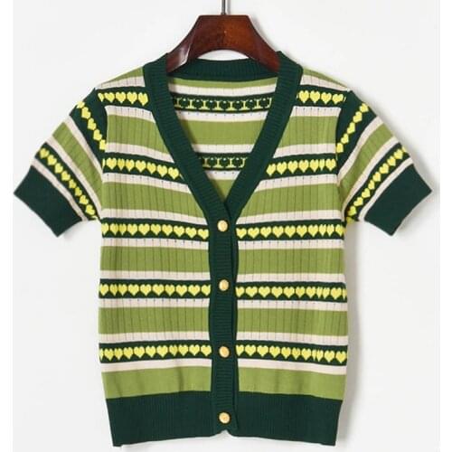 Contrast Green Cardigan Women Thin Knitted Cardigan Sweater 2021 Summer V Neck Short Sleeve Cropped Cardigan Button Up Shirt