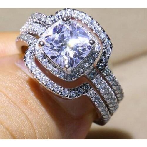 Lovers 3-in-1 Ring Set Cushion cut 8mm Stone 5A Zircon stone 10KT White Gold Filled Engagement Wedding For women finger jewelry