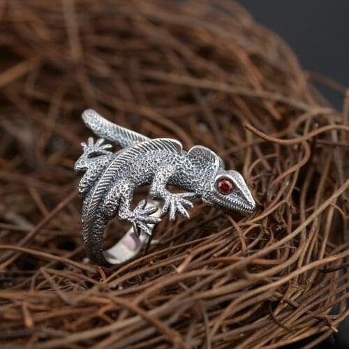 100% real S925 silver vintage Thai silver craft fashion simple mens silver ring lizard shape
