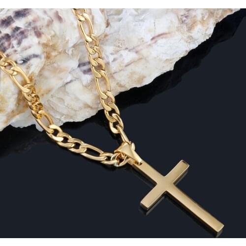 Hip Hop Cross Pendant Necklaces For Men Women Fashion Gold Figaro Chain 316L Stainless Steel Christian Choker Jewelry