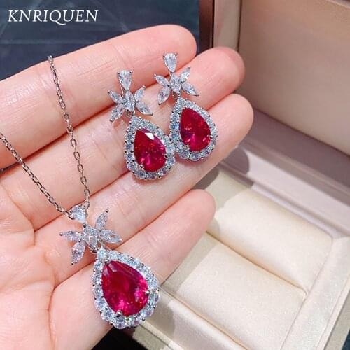 Luxury 925 Sterling Silver Jewelry Sets for Women Vintage 10*14mm Water Drop Simulated Ruby Gemstone Earrings Pendant Necklace