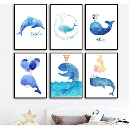 Blue Whale Dolphins Shark Balloon Wall Art Canvas Painting Cartoon Posters Prints Wall Pictures Boy Kid Room Decor Birthday Gift