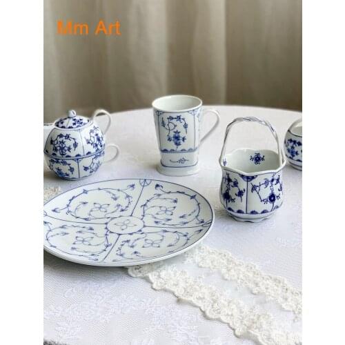 Blue Glaze European Retro Floral Ceramic Plate Storage Basket Mug