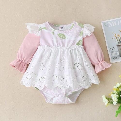 Sweet Baby Girl Bodysuit Spring Fall Fruit Print Patchwork Lace Long Flying Sleeve Baby Romper Dress Party Princess Dress 0-12M
