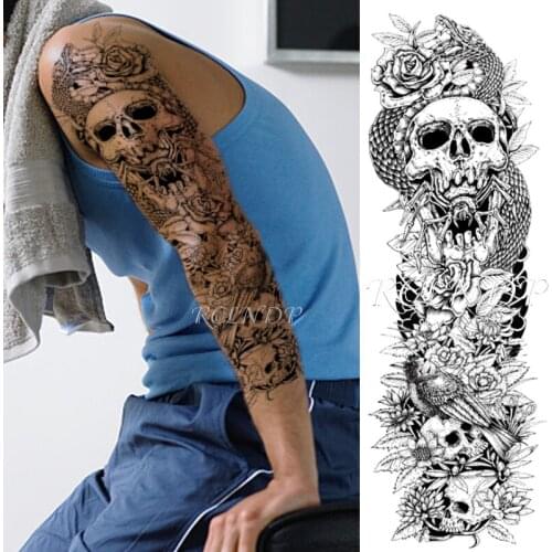 Waterproof Temporary Tattoo Sticker Owl Bird Skull Animal Flower Black Full Arm Fake Tatto Flash Sleeve Tatoo for Men Women
