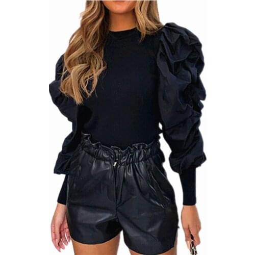 2020 long puff sleeve patchwork sexy tops autumn winter women fashion party elegant streetwear Blouse Shirts