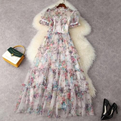 Europe and the United States womens clothing New Summer 2021 With short sleeves Fashion mesh print pleated dress