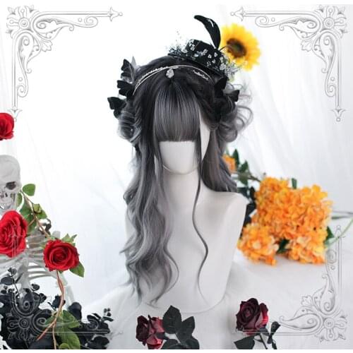 Female Long Wavy Black Charcoal Grey Gradual Change Bangs Wig Women Wigs Lolita Cosplay Party