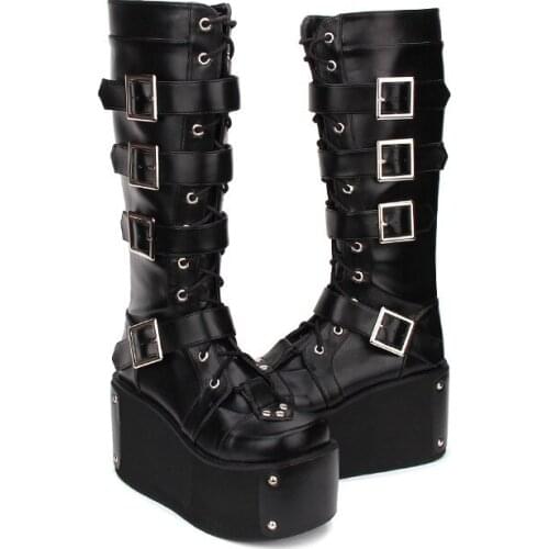 Sapatos Feminino Black Leather High Heels Platform Knee High Boots Woman Belt Strap Motorcycle studded Punk Wedges Shoes Lolita