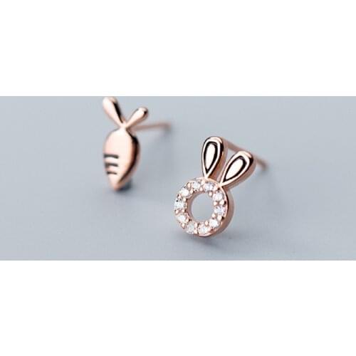 MloveAcc 100% 925 Sterling Silver Fashion Cute Crystal Rabbit Radish Asymmetry Stud Earrings Gift for Girls pendientes brincos