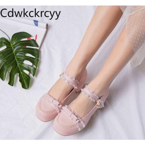 Spring and fall The New fashion Round head Thick heel Women shoes Pink sweet Bow Lace High heel Single shoes size 34-46
