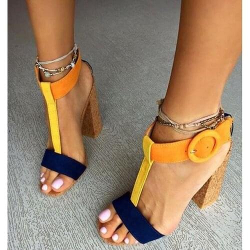 Sexy Patchwork Buckle Strap Women Square Heels Sandals Cut-out Peep toe Suede T-bar Strap Dress Shoes Chunky Heels Real Photo