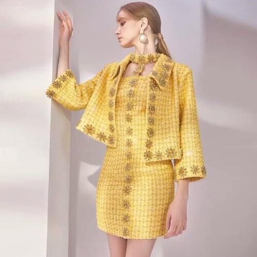 Autumn Womens High quality Crystal Tweed coat Chic elegant women tweed jackets A734