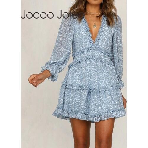 Jocoo Jolee Women Elegant Ruffles Print Mini Dress Women Sexy Halter V-Neck Long Sleeve High Waist Puff Sleeve Dress Sundresses