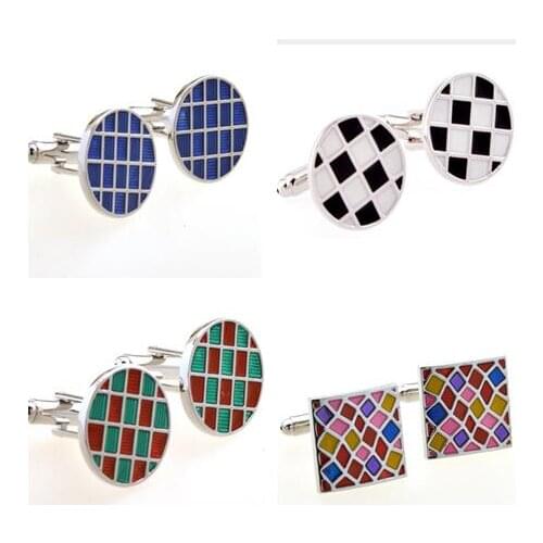10pairs/lot Copper Enamel Cufflinks Square/Round Enamel Grid Pattern Cuff Links Business Style Gift Mens Jewelry Wholesale