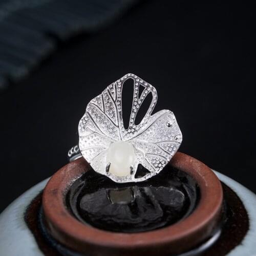 925 silver after rain lotus leaf ring female personality and Tian jade dewdrop design lotus leaf ethnic wind gift
