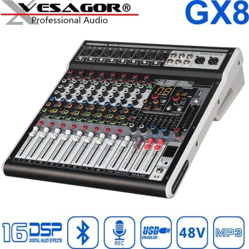 DJ Audio Mixer USB Mixer Auido GX8 8ch Reverb16DSP 48VMP3 Digital Bluetooth PC Interface Recording DJ Sound Card Mixing Console