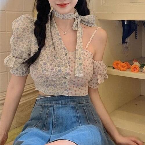 Summer French Slim Basic Blouses Women Patchwork Designer Short Chic Chiffon Tops Female Casual Holiday Evening Beach Clothing