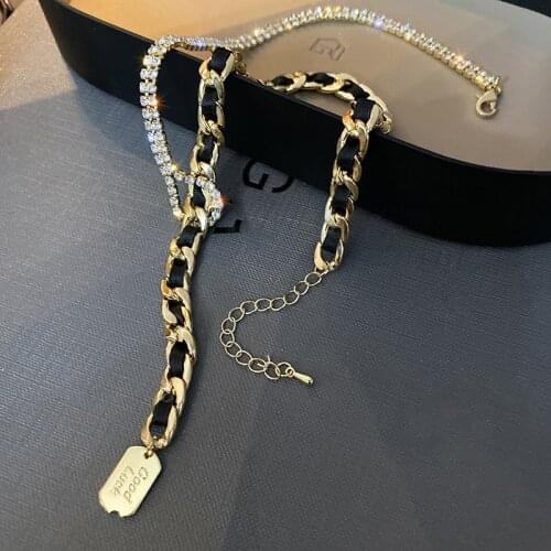 FYUAN Golden Chain Leather Choker Necklaces for Women Long Tassel Rhinestones Necklaces Statement Jewelry