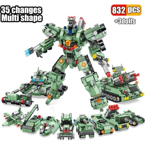 832Pcs 8in3 Military Tank Vehicles Transformation Robot Deform fighter Launch car Building Blocks Mecha Bricks Toys for Children