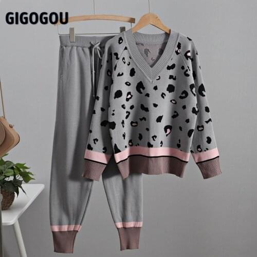 GIGOGOU Spring Women Knitted Tracksuits 2 Piece Sets Women Costume V Neck Leopard Pullover Sweater + Knitted Pencil Pants Suits