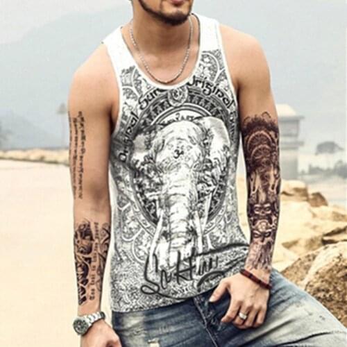 Fashionable Vintage Elephant Print Men Summer Bodybuilding Vest Loose Sleeveless Tank Top Fitness Gym Vest Men