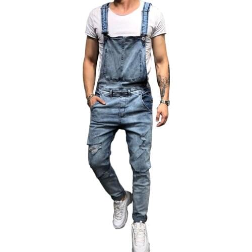 MORUANCLE Fashion Mens Ripped Jeans Jumpsuits Hi Street Distressed Denim Bib Overalls For Man Suspender Pants Size S-XXXL