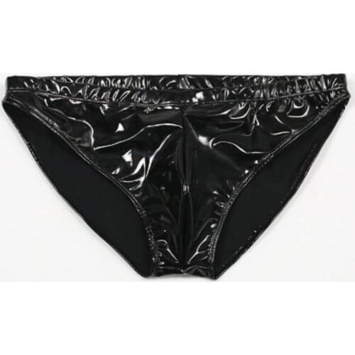 Men PVC Faux Leather Low-Waisted Shiny Brief Colloid Imitation Latex Glossy U Convex Pouch Erotic Latex Tight Underwear Panties