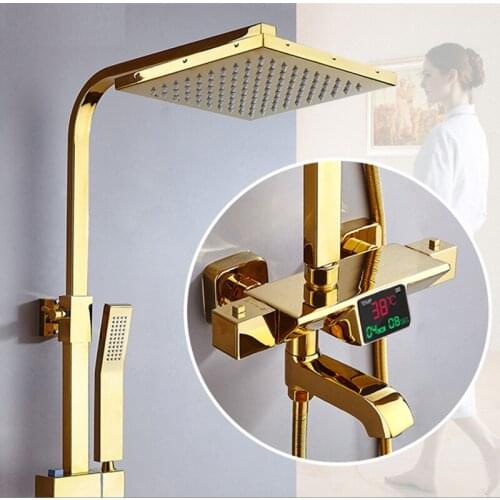 Themostatic Shower Set Quality Brass Gold Digital Bathroom Shower System Rainfall Shower Head Bath Digital Shower Set