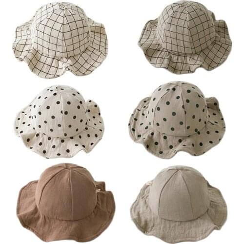 Toddler Baby Floppy Bucket Hat Vintage Plaid Polka Dot Printed Wavy Wide Brim Sunscreen Cotton Panama Fisherman Cap