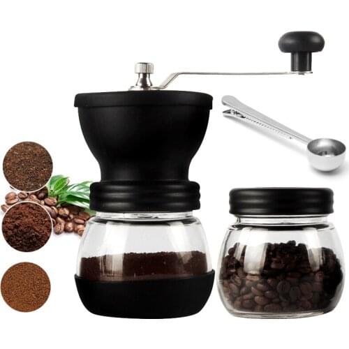 Manual Coffee Bean Grinder & Fortified Glass Storage Jar Durable Cafe Bean Mill Coffee Maker with Sealing Clip Measuring Spoon