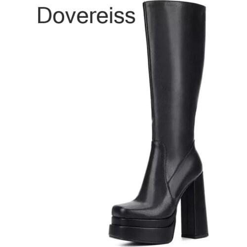 Dovereiss Fashion Female Boots Winter Sexy Elegant Zipper Waterproof Off White Genuine Leather Chunky Heels Knee High Boots 40