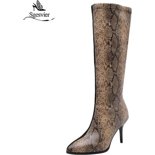 Sgesvier fashion python print PU leather knee high boots women ladies thin high heels pointy toe stretch faux suede long boots